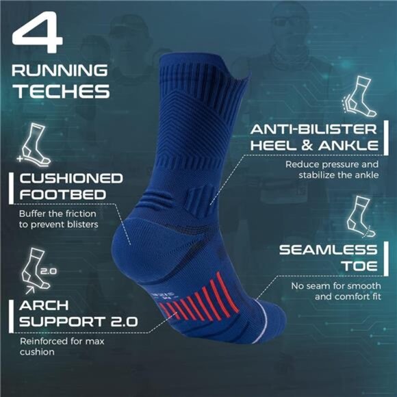 Compression Running Socks 3 Pairs, Cushion Crew Socks, Anti-Blister Moisture - Picture 5 of 14